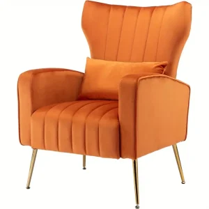 Velvet Accent Chair | Midcentury Modern Style with Golden Legs, Solid Back, and Pillow, Ideal for Living Room and Bedroom, Grey Color, Upholstered, Not Adjustable