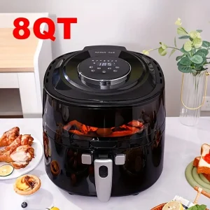 Kitcook Large Air Fryer, 1500W 7QT AirFryer Cooker, Adjustable Temperature 100-400°F, 8 Presets Menu, Digital Touch Screen, Nonstick Basket, Hot Frying Pot Stainless Steel Air Fryers Recipes/Skewers Included