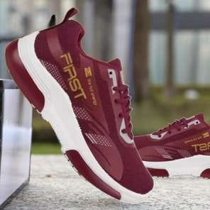 Men's Chunky Platform Running Shoes - Thick Cushioned Sole, Lace-Up Athletic Sneakers in Beige/Blue/Red colorway for Gym, Jogging, Casual Streetwear - All-Season Non-Slip PVC Outsole Shoes, Gym Shoes, Jogging Footwear, Streetwear Sneakers, Breathable Mesh