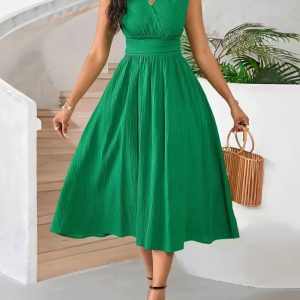 Elegant V-Neck Polyester Dress for Women - All-Season Fitted Solid Color with Fake Buttons and Woven Fabric, 270g/m² - Perfect for Adult