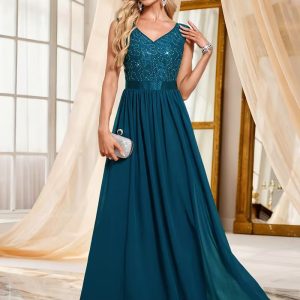 [Elegant Evening Gown] Elegant Sequin V-Neck Evening Gown | Handcrafted Ruched Waist, Long Formal Dress for Women, Spring/Summer Wedding Party Attire, Glamorous Evening Gown, Handcrafted Ruches, Sequin Embellishments