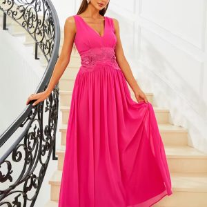 Women'S Elegant Evening Gown - Formal Party Wedding Dress with Deep V-Neck, Long Sleeve, Floor-Length Formal Attire in Red - Zipper Closure, Machine Washable - For Galas, Proms, Special Events - Luxury Evening Dress, Formal Dresses, Gala Attire