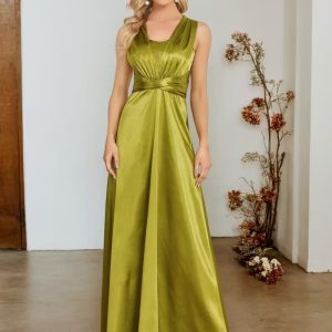 [Elegant | Yellow Evening Gown] Elegant Yellow Evening Gown for Women - V-Neck Floor-Length Formal Wedding Party Dress with Train, Structured A-Line Silhouette & Zipper Back