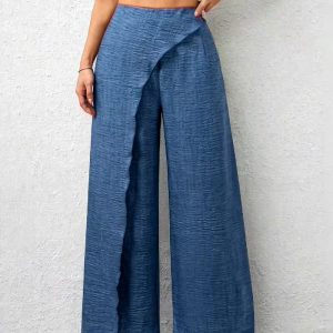[Women's Casual Pants] Women's Casual Wide-Leg Pants | Elastic Waist & Drawstring, Loose Fit, All-Season Comfort | Solid Color, Weekend Outings, Comfortable Clothing, Relaxed Fit, Construction