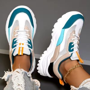 Women's Fashion Chunky Sneakers – Casual Lace-Up Low-Top Shoes with Round Toe, Breathable Fabric Inner, Solid Color Polyurethane Sole and Microfiber Insole for All-Season Comfort